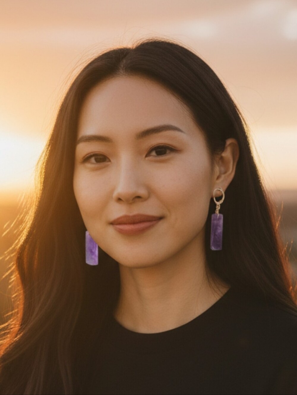 Gorgeous Artisan Gold Hoop Earrings with Purple Gem Bar Drops